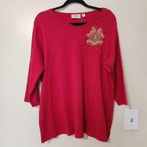 Quacker Factory Christmas Bells Red Embellished Tunic Tee New 1X Rhinestones